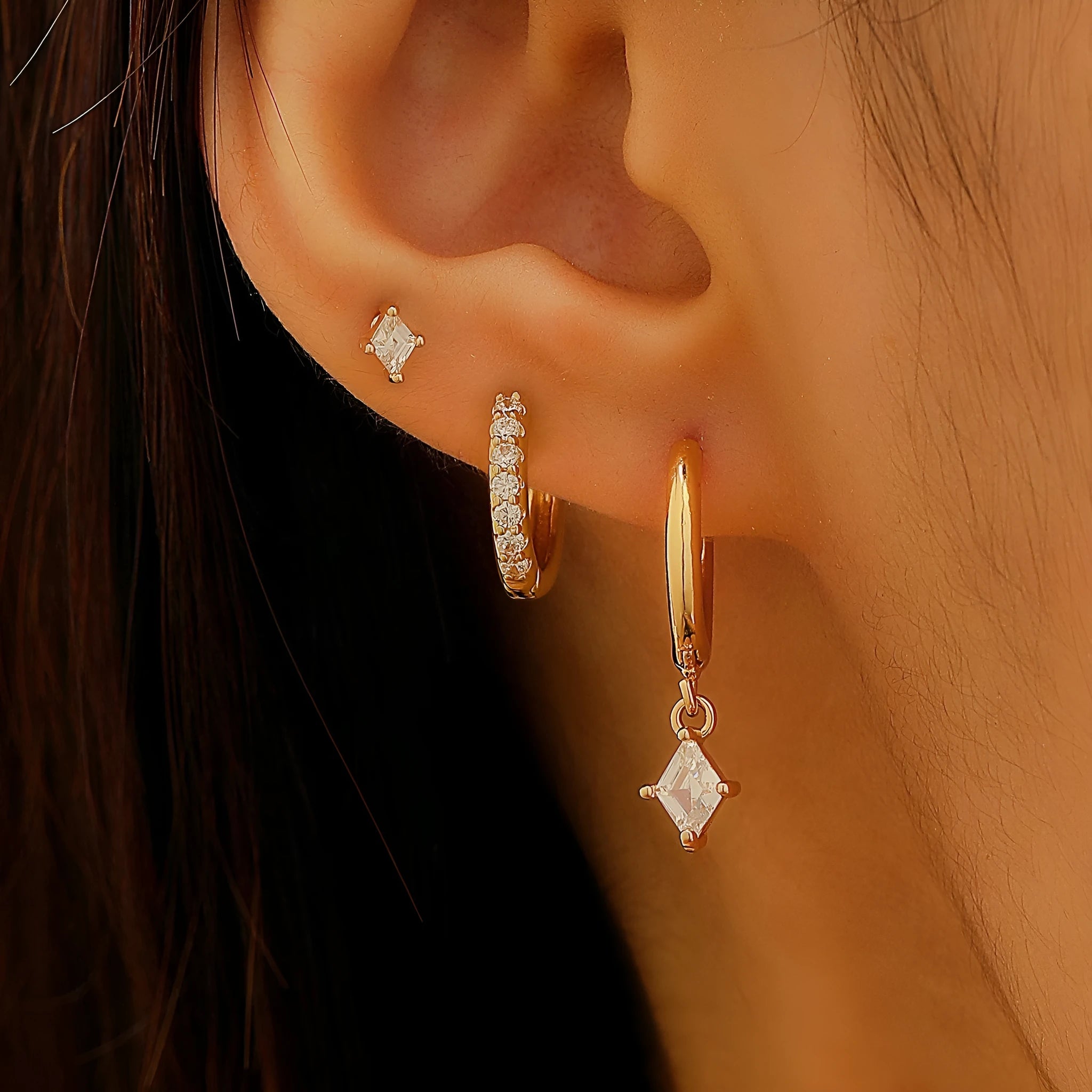 Geometric ladies earring set with three styles featuring zircon stones in gold or white finish