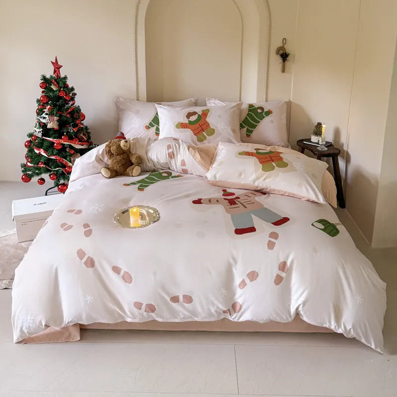 Christmas bedding four-piece set with cartoon print including sheet, quilt cover and pillowcases