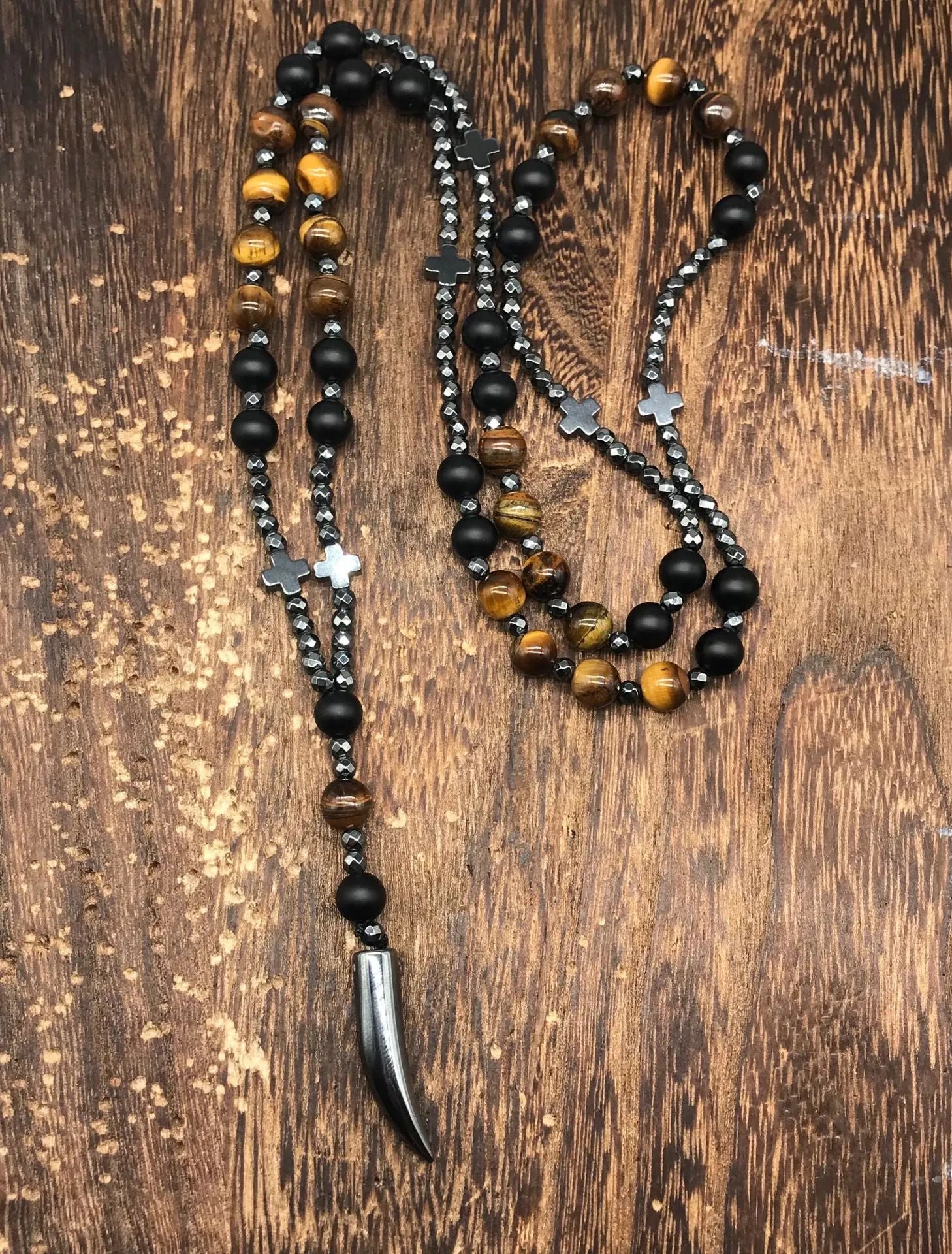 Men's stone geometric cross pendant necklace on an 80cm ball bead chain