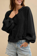 Women's loose fit half-open collar sweater with stitching and lace details in solid colour