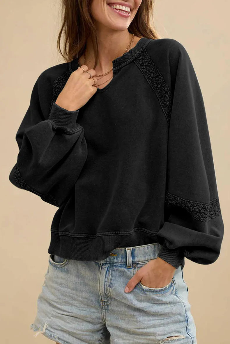 Women's loose fit half-open collar sweater with stitching and lace details in solid colour