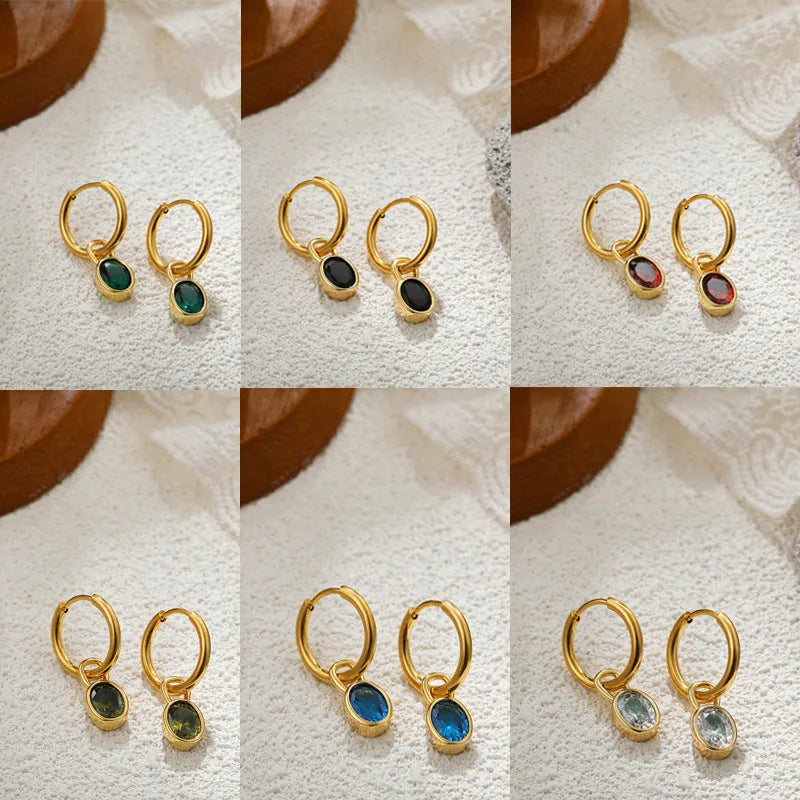 Women's copper drop earrings with oval zircon stone in six colour variations