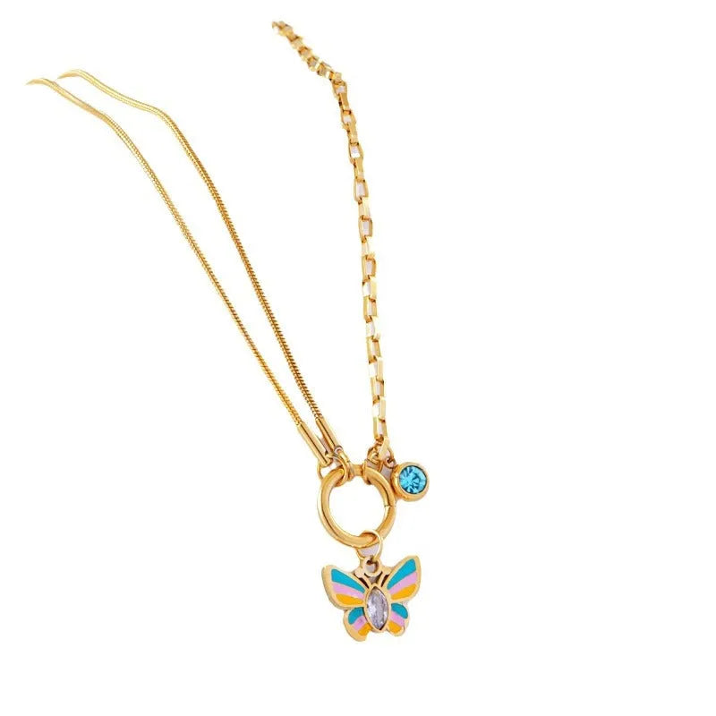 Gold epoxy butterfly necklace and bracelet set with titanium steel construction and zodiac animal pendant