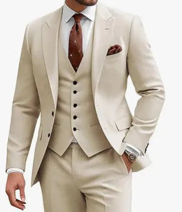 Men's slim fit three-piece suit in a choice of nine colours, shown on a hanger.