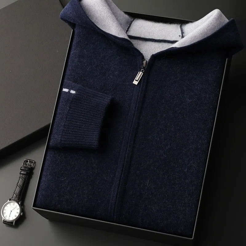 Dark blue men's loose cashmere cardigan with half-high collar and full-length zip.