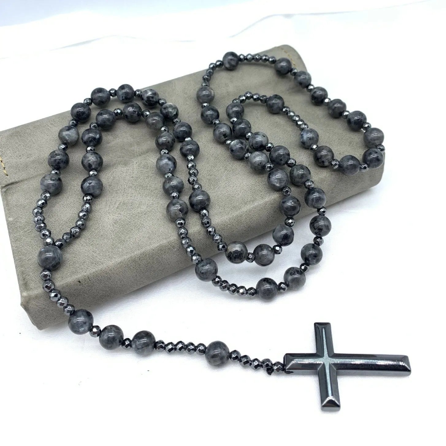Men's stone geometric cross pendant necklace on an 80cm ball bead chain
