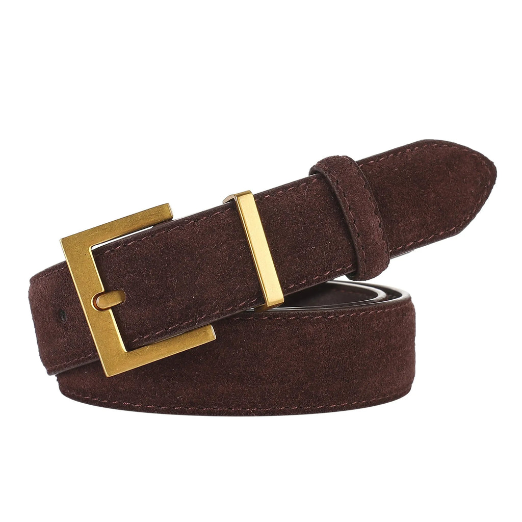 Ladies' genuine leather pin buckle belt with quadrilateral buckle design in black colour