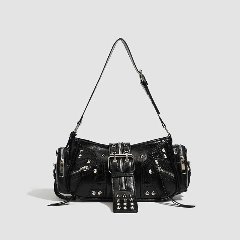 Black dumpling-shaped retro handbag with oil wax PU leather showing three-dimensional pockets and shoulder strap