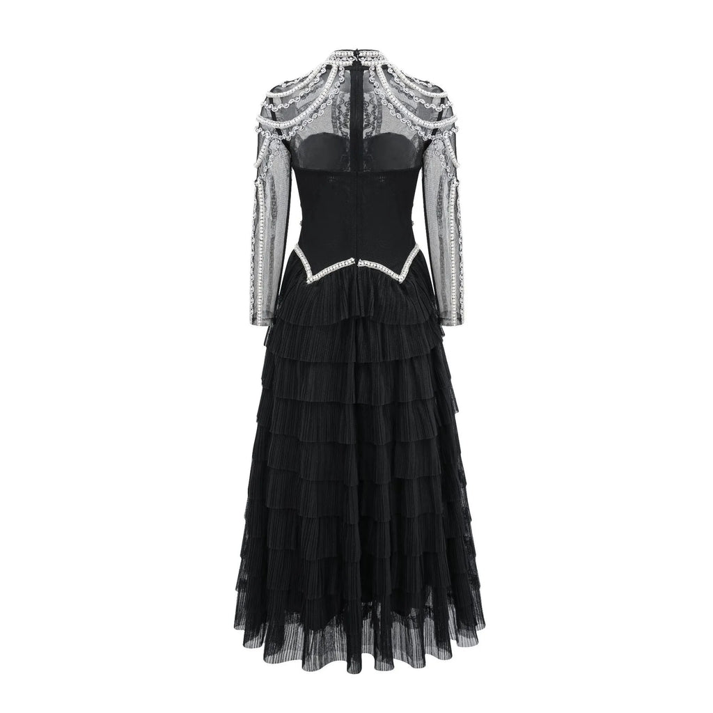 Women's black polyester beaded dress with three-dimensional decoration and long sleeves