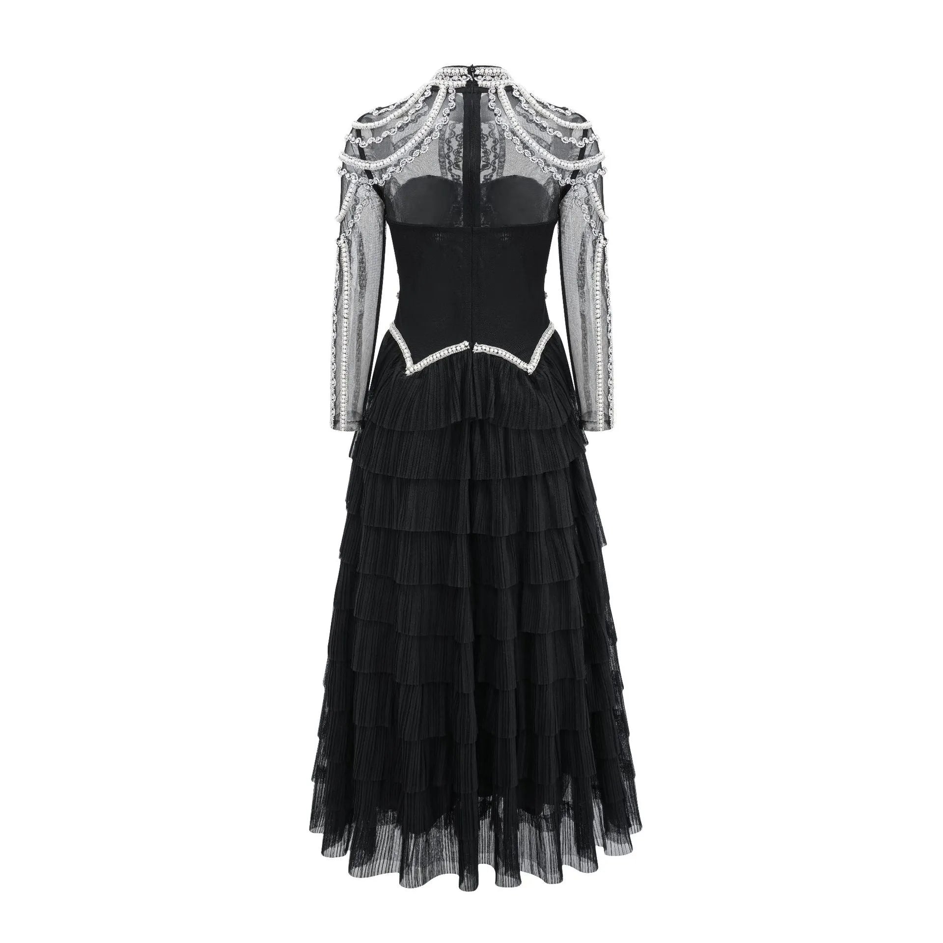 Women's black polyester beaded dress with three-dimensional decoration and long sleeves