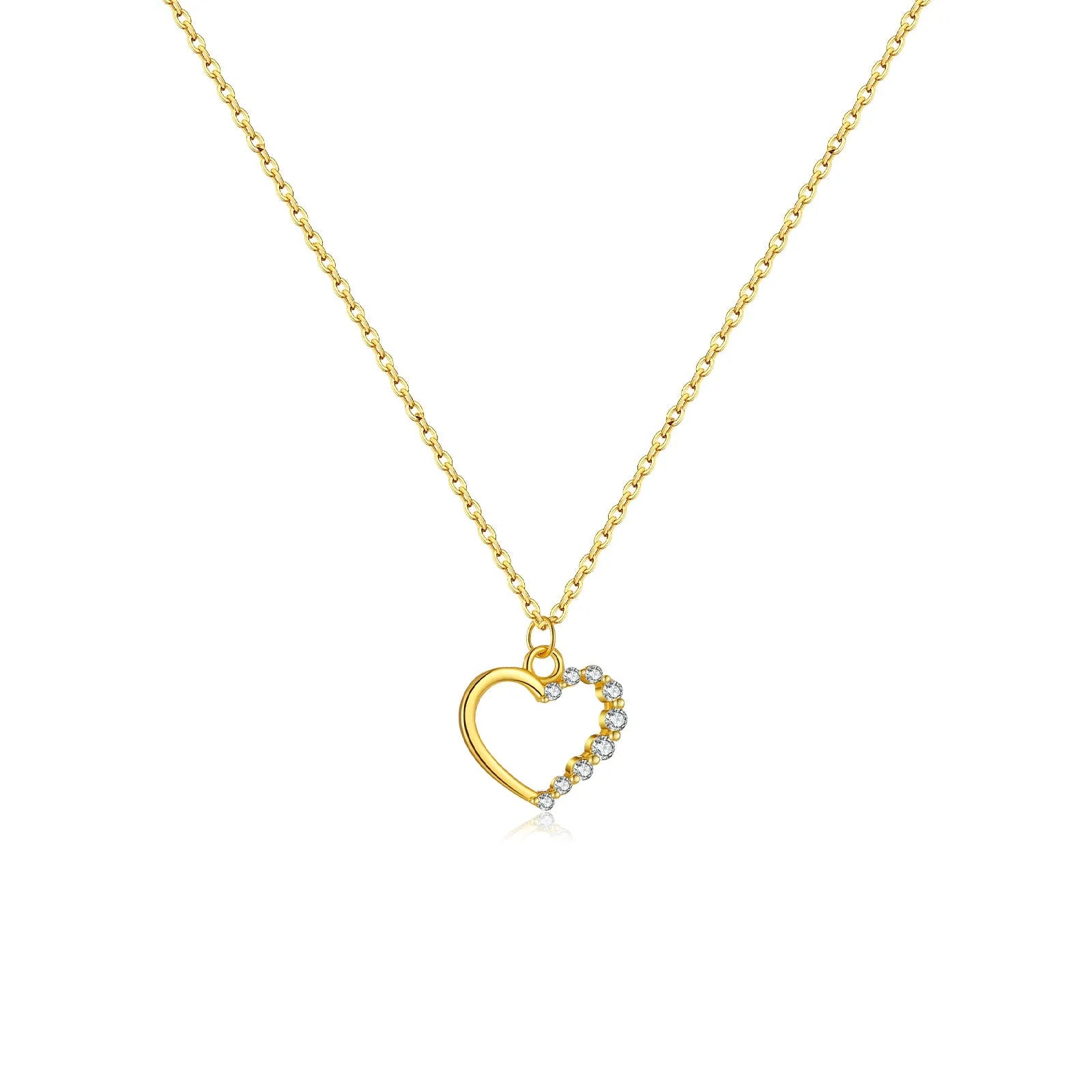 S925 sterling silver hollow heart pendant necklace on a regular chain, available in white gold or 18K gold finish.