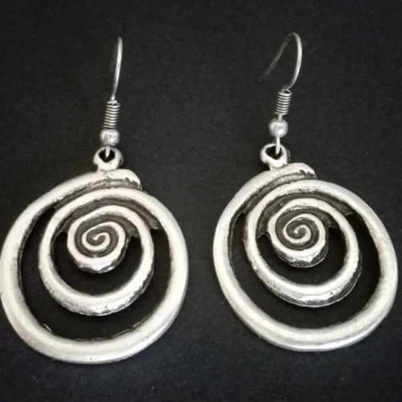 Silver geometric spiral distressed earrings with national style design measuring 2.6x5cm