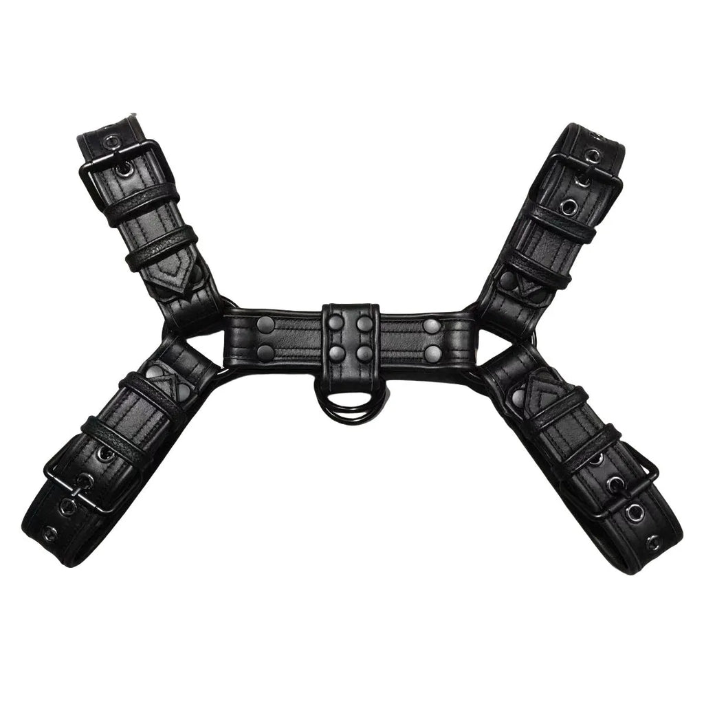 Black leather chest muscle bondage strap with metal buckle adjustment for adult costume wear