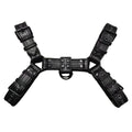 Black leather chest muscle bondage strap with metal buckle adjustment for adult costume wear