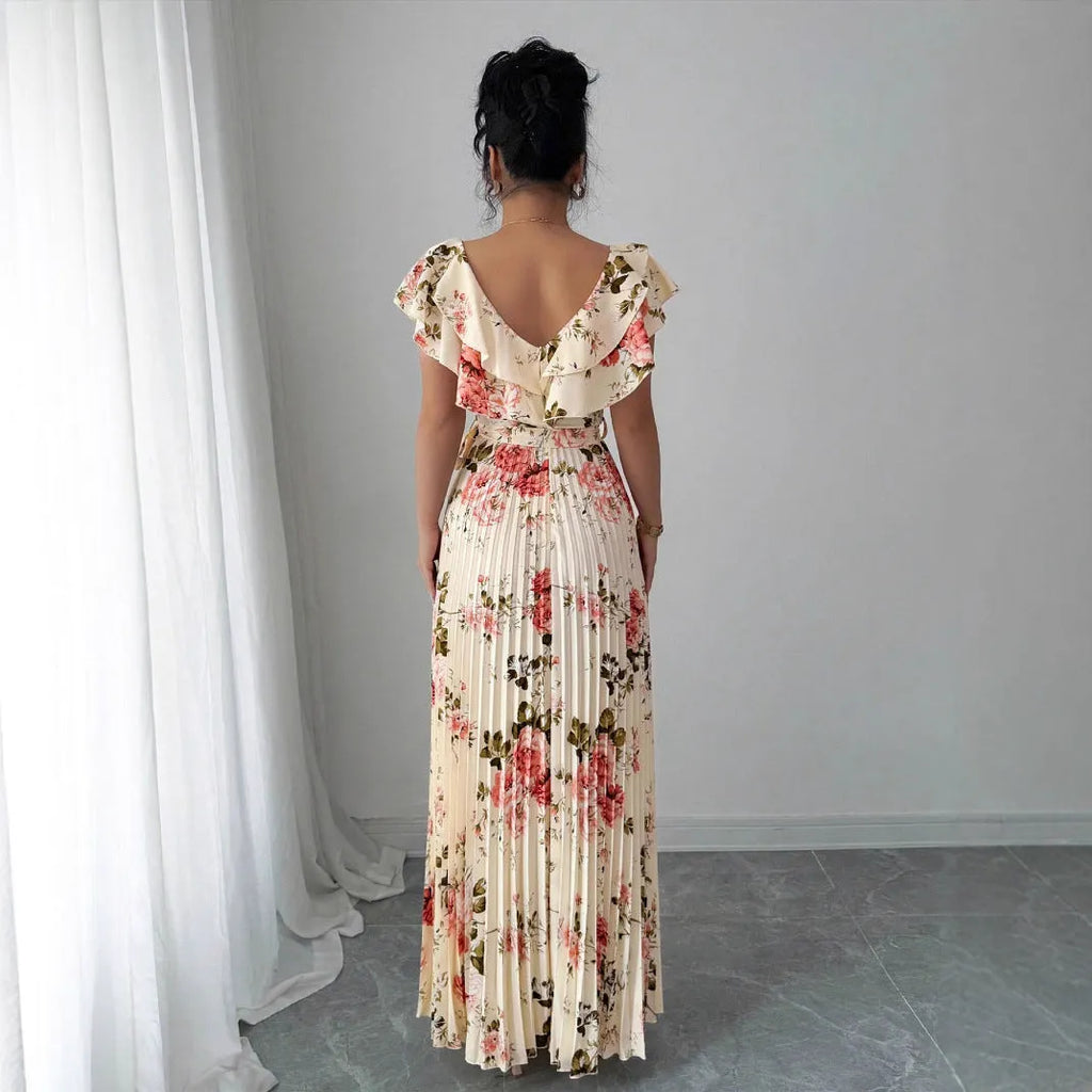 Women's apricot floral print dress with V-neck, ruffled sleeves and oversized swing skirt
