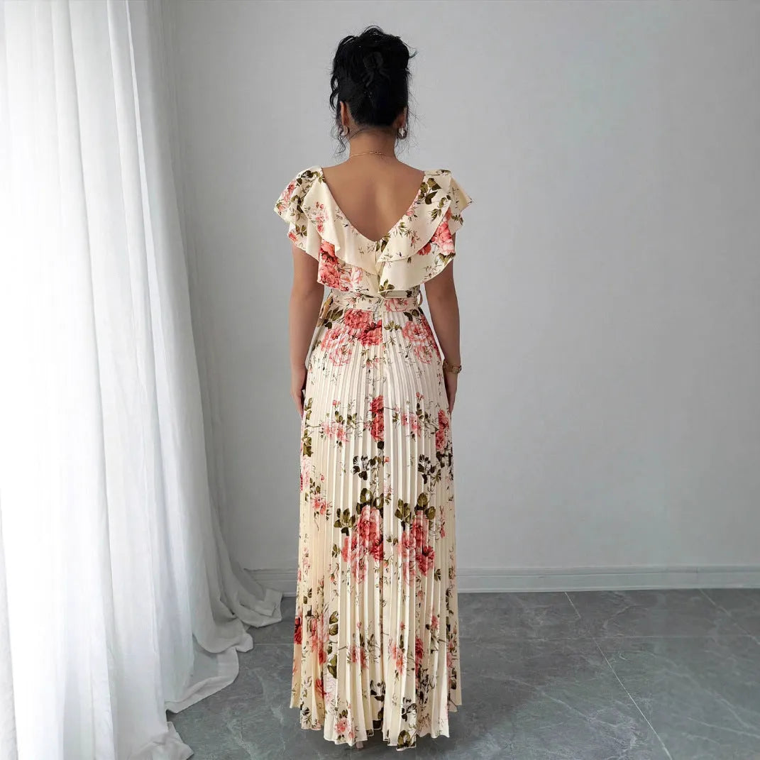 Women's apricot floral print dress with V-neck, ruffled sleeves and oversized swing skirt
