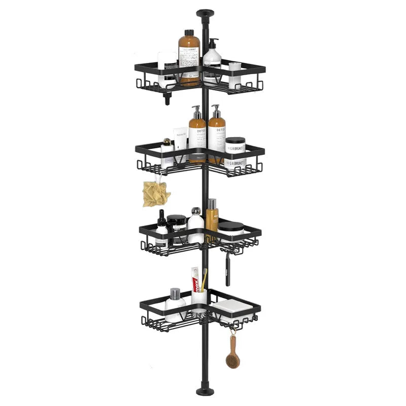 Retractable bathroom storage rack with four tiers and stainless steel construction
