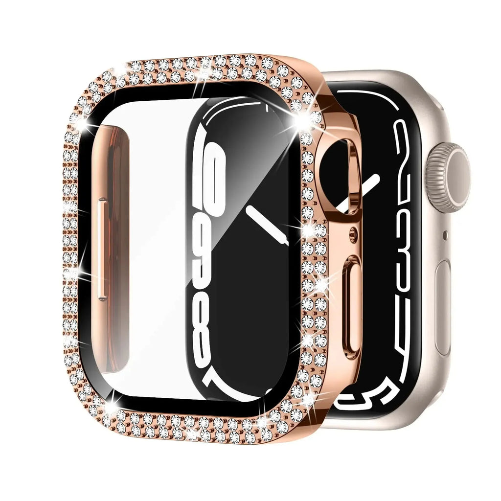 Apple Watch case with double diamond glass in rose pink, gold, and silver colour options on a table.