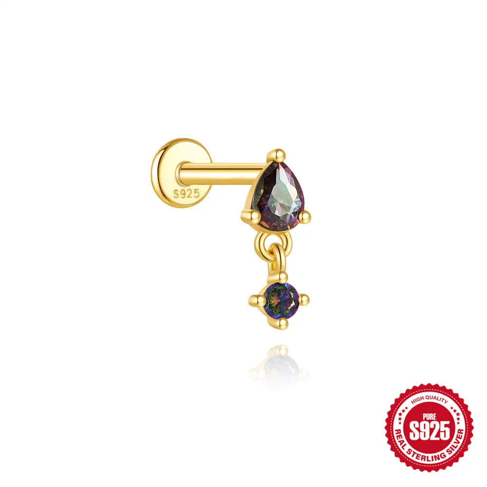 S925 sterling silver flat head thread piercing with a shiny rainbow stone in a gold setting.