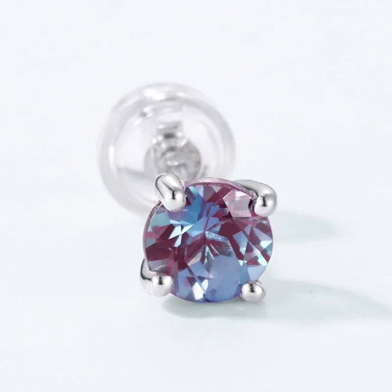 Simple geometric round ear studs with cultivated alexandrite stones in 925 silver setting