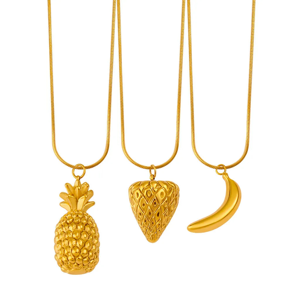 Stainless steel fruit necklace pendant with six design options including apple, grape, watermelon, pineapple, strawberry, and banana