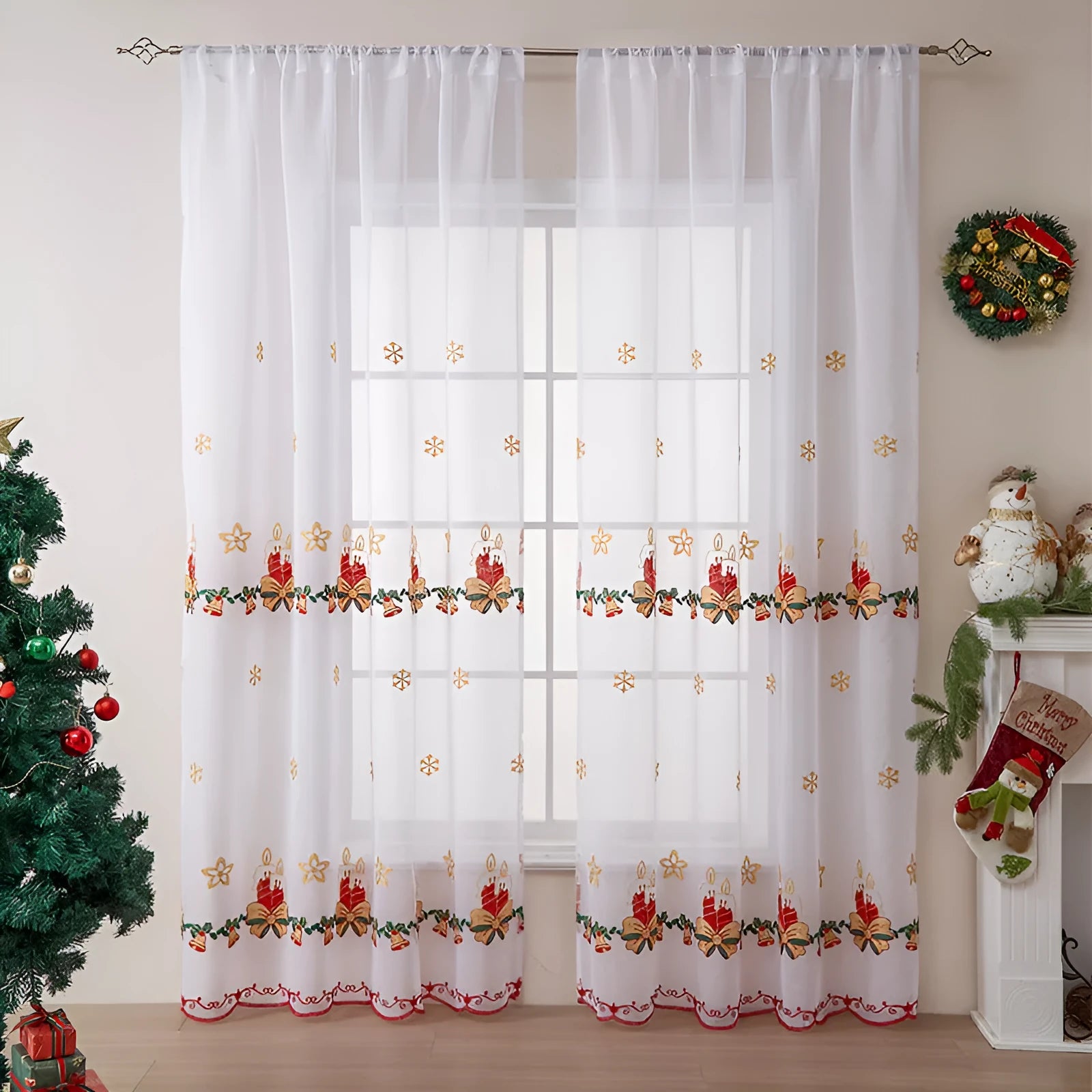 Pair of white Christmas curtains with red and green embroidered American-style snowflake design.