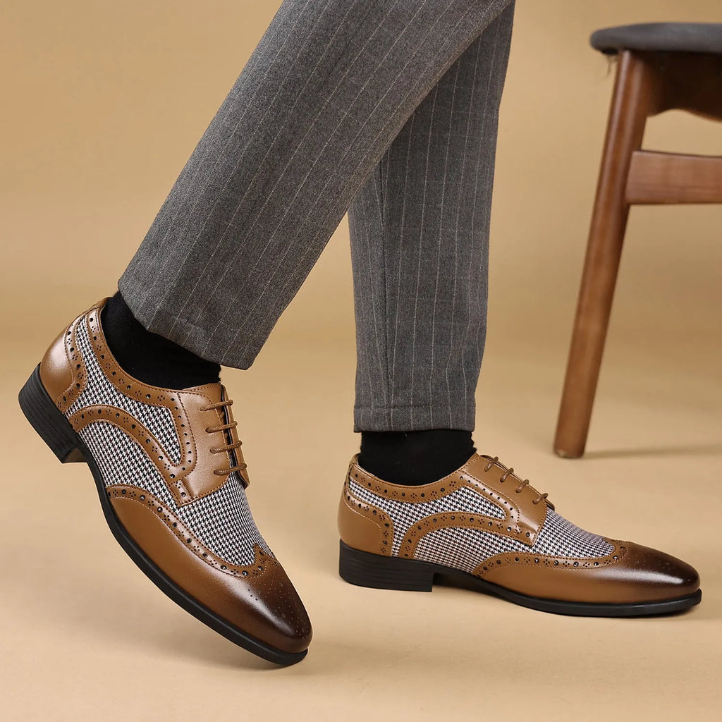 Men's houndstooth plaid casual leather shoes with square toe and lace-up front in four colour options