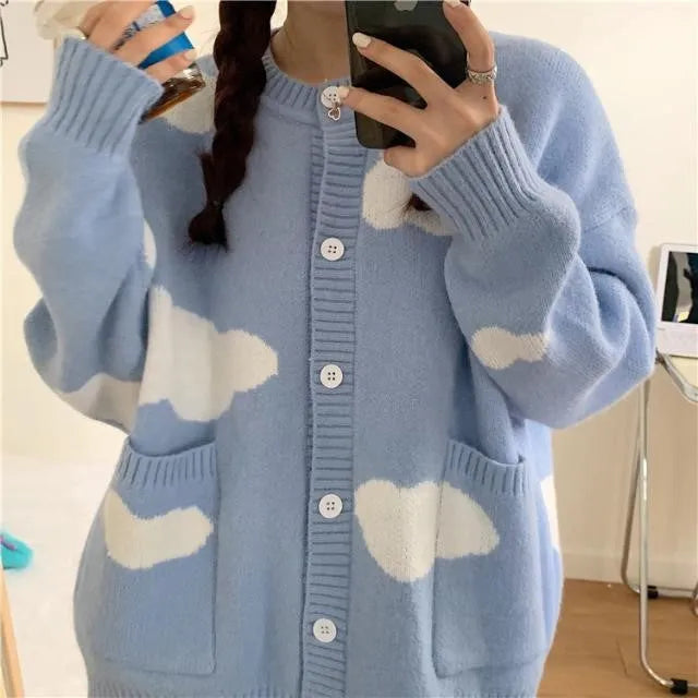 Blue cloud pattern women's spandex cardigan sweater with loose fit and regular sleeves