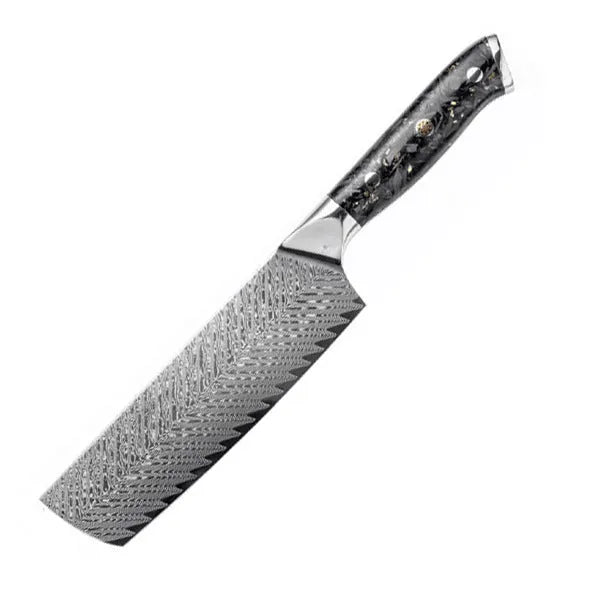 Eight-piece Damascus steel kitchen knife set showing fishbone pattern and different blade sizes