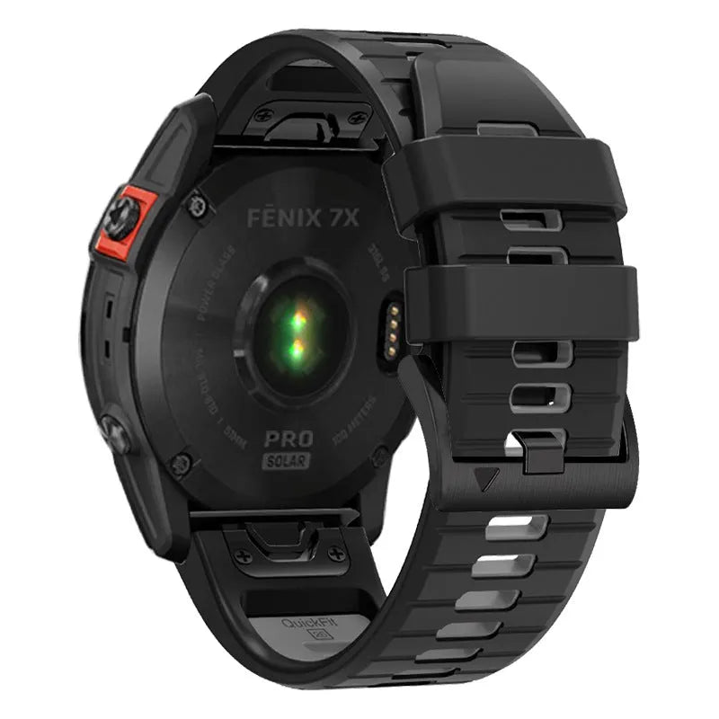 Fenix87pro6 two-colour quick release silicone watch strap in black and red on a grey background