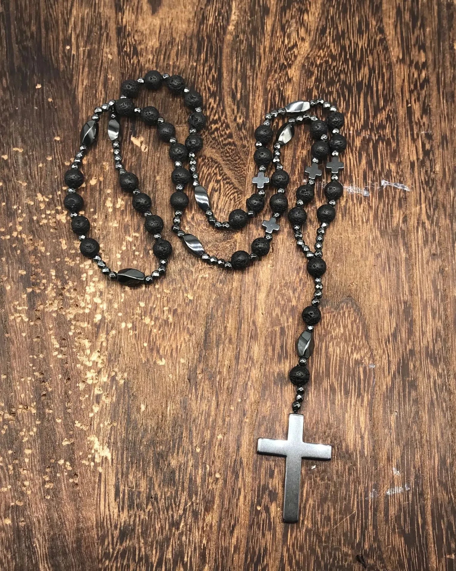 Men's stone geometric cross pendant necklace on an 80cm ball bead chain