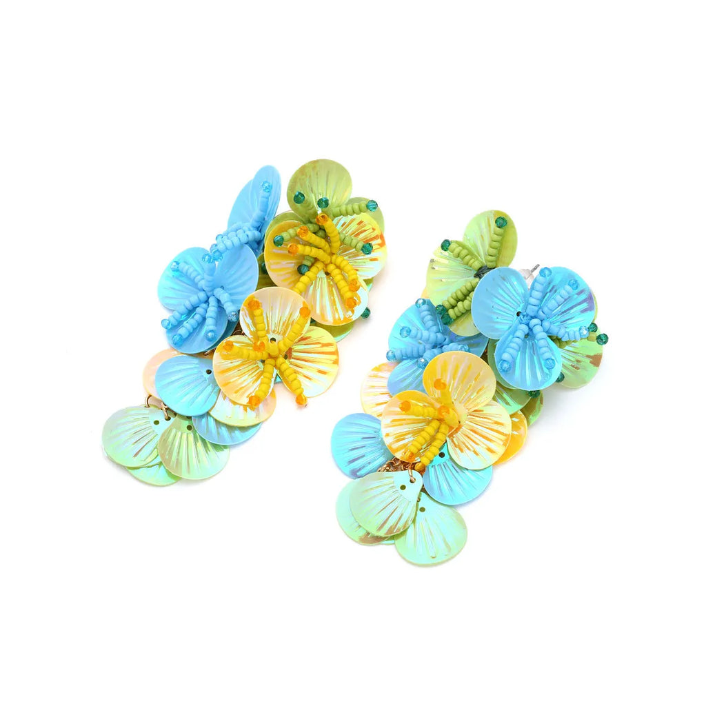 Handmade colourful bead string flower earrings with exaggerated dopamine design