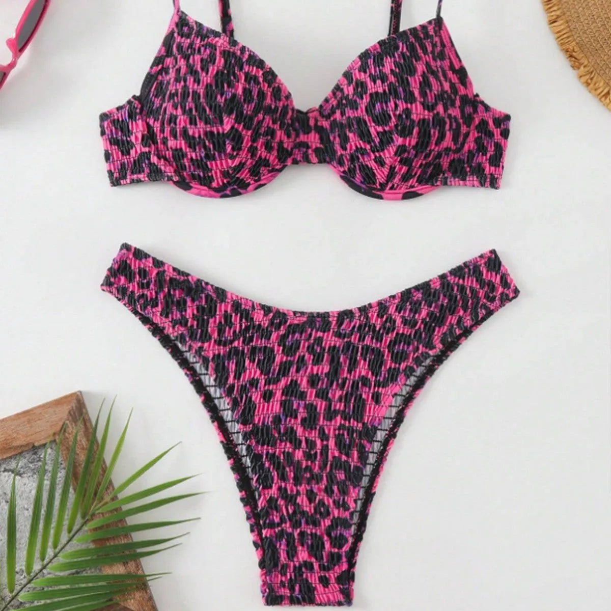Leopard print backless bikini for women in brown and red colour options