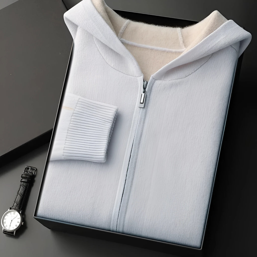 Dark blue men's loose cashmere cardigan with half-high collar and full-length zip.