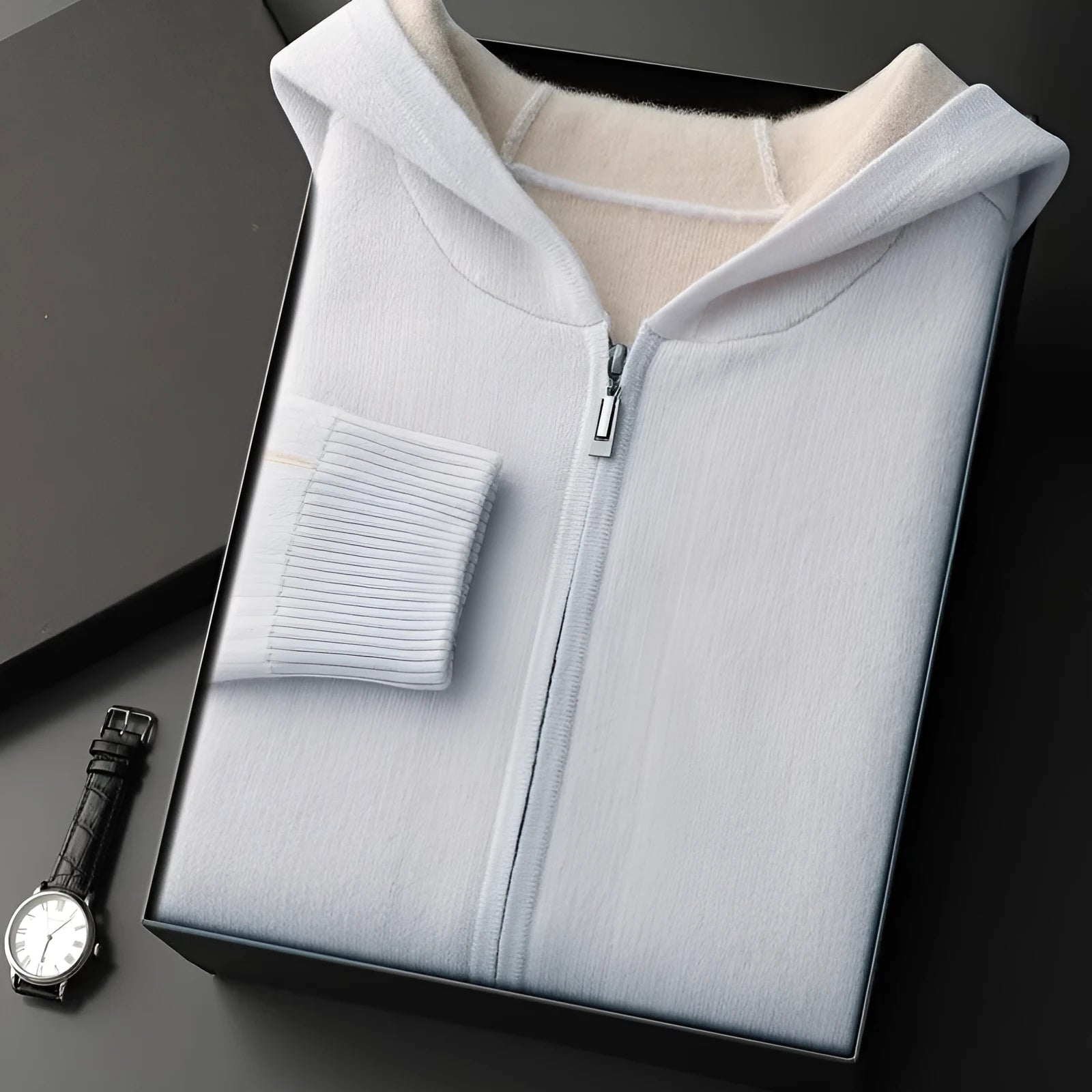 Dark blue men's loose cashmere cardigan with half-high collar and full-length zip.
