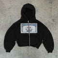Unisex loose fit polyester hooded zip jacket with letter print and zipper pockets