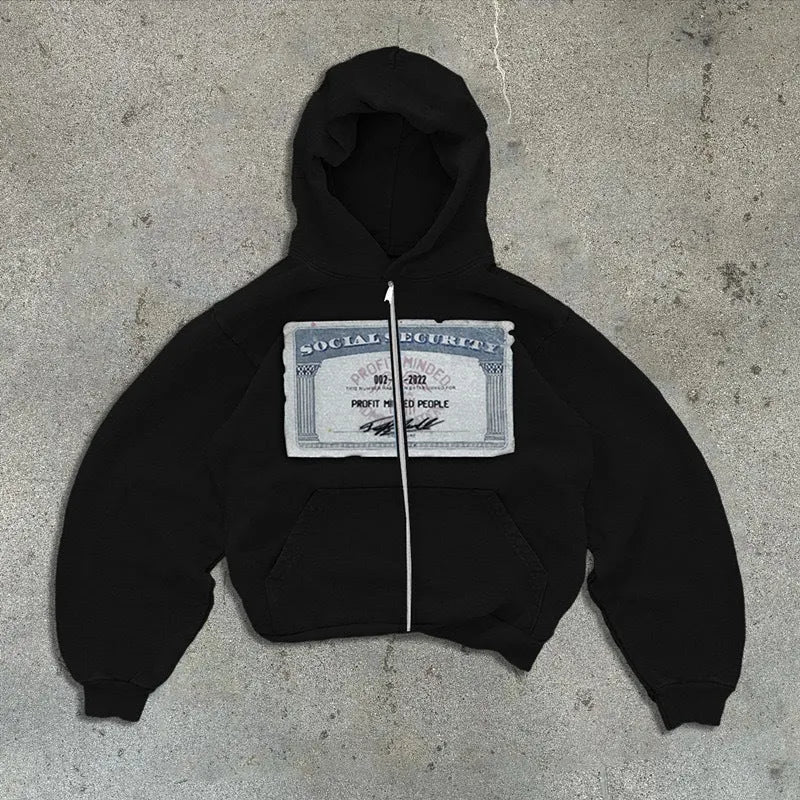 Unisex loose fit polyester hooded zip jacket with letter print and zipper pockets