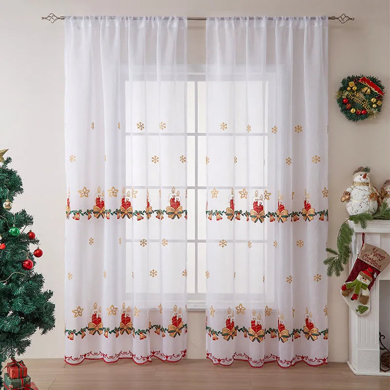 Pair of white Christmas curtains with red and green embroidered American-style snowflake design.