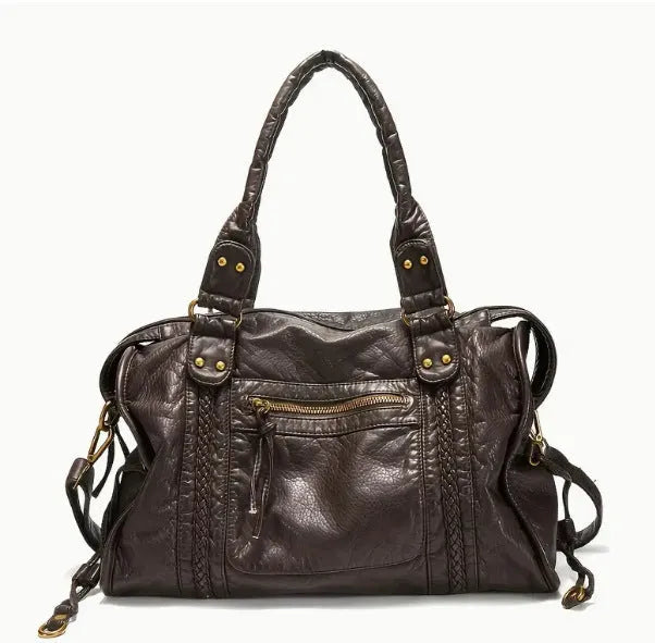 Women's retro motorcycle shoulder messenger bag in soft PU leather with woven design and internal organisation pockets
