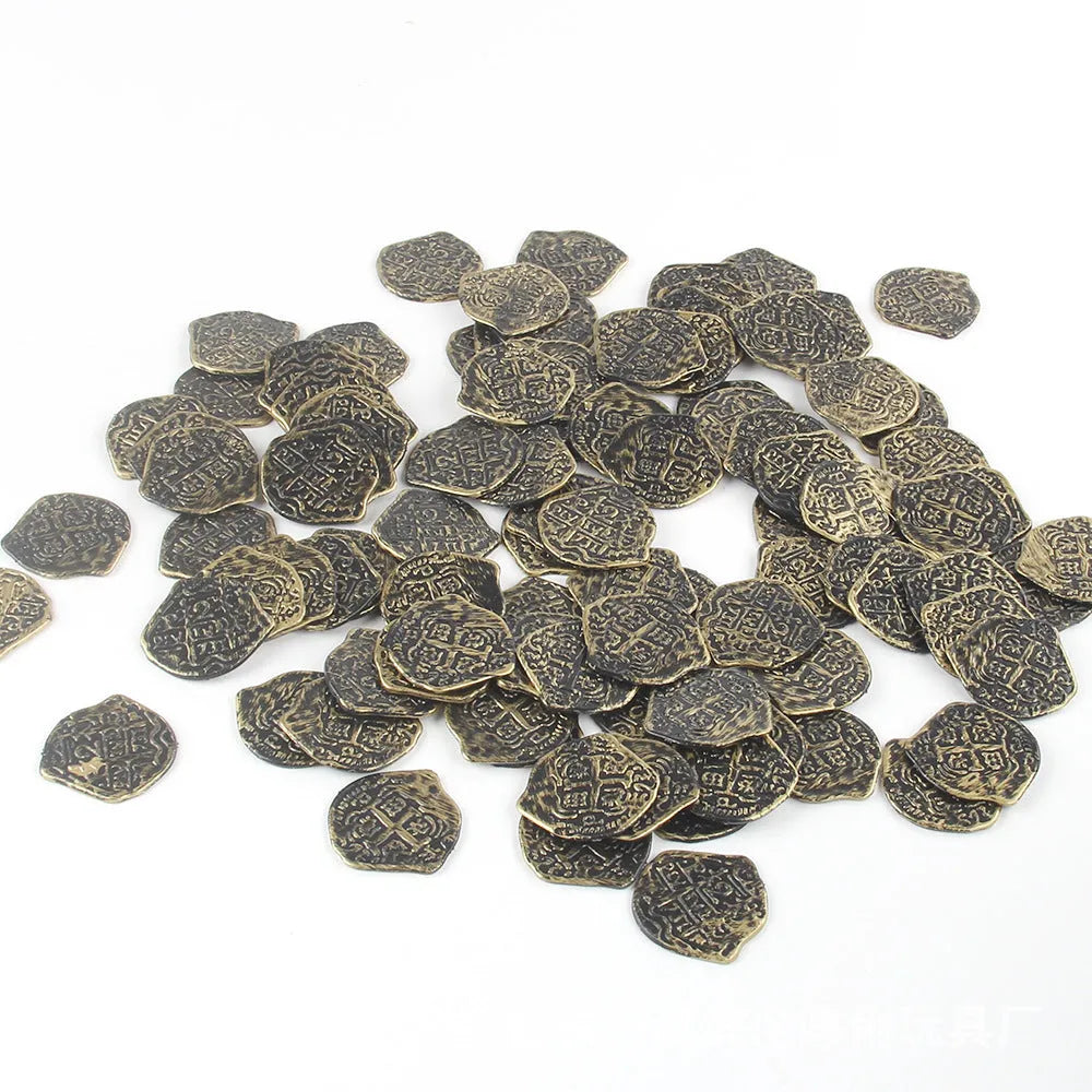 Set of 100 plastic replica Roman pirate coins with gold, silver, or bronze electroplated finishes.