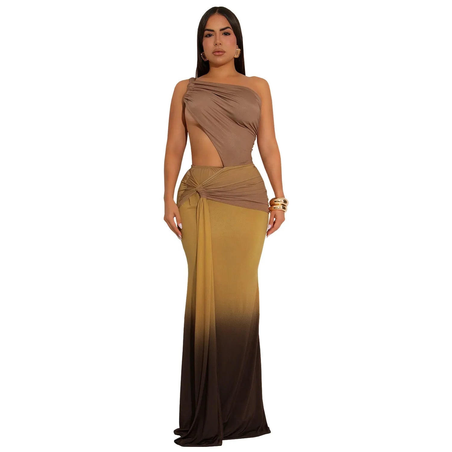 Women's long gradient colour dress with cross-shoulder sleeveless design and a high-waisted one-step skirt.