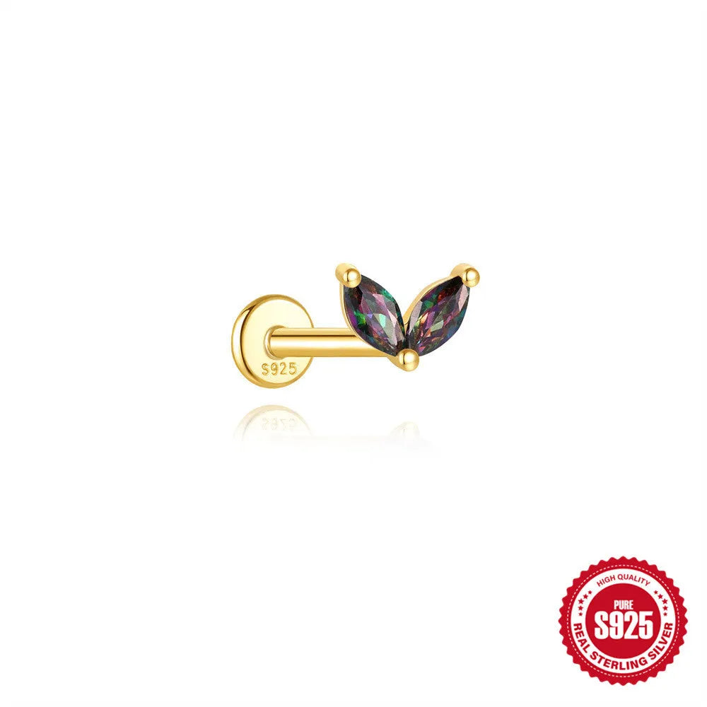 S925 sterling silver flat head thread piercing with a shiny rainbow stone in a gold setting.