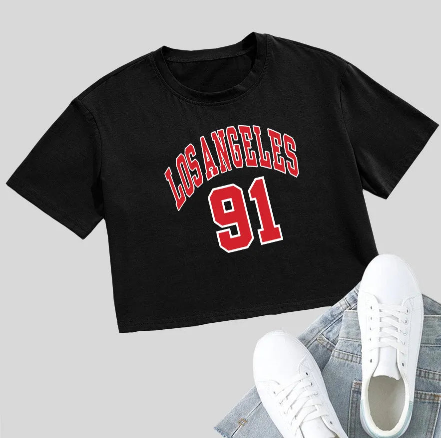 Women's personalised English letters summer t-shirt with exposed navel design in loose cotton fabric
