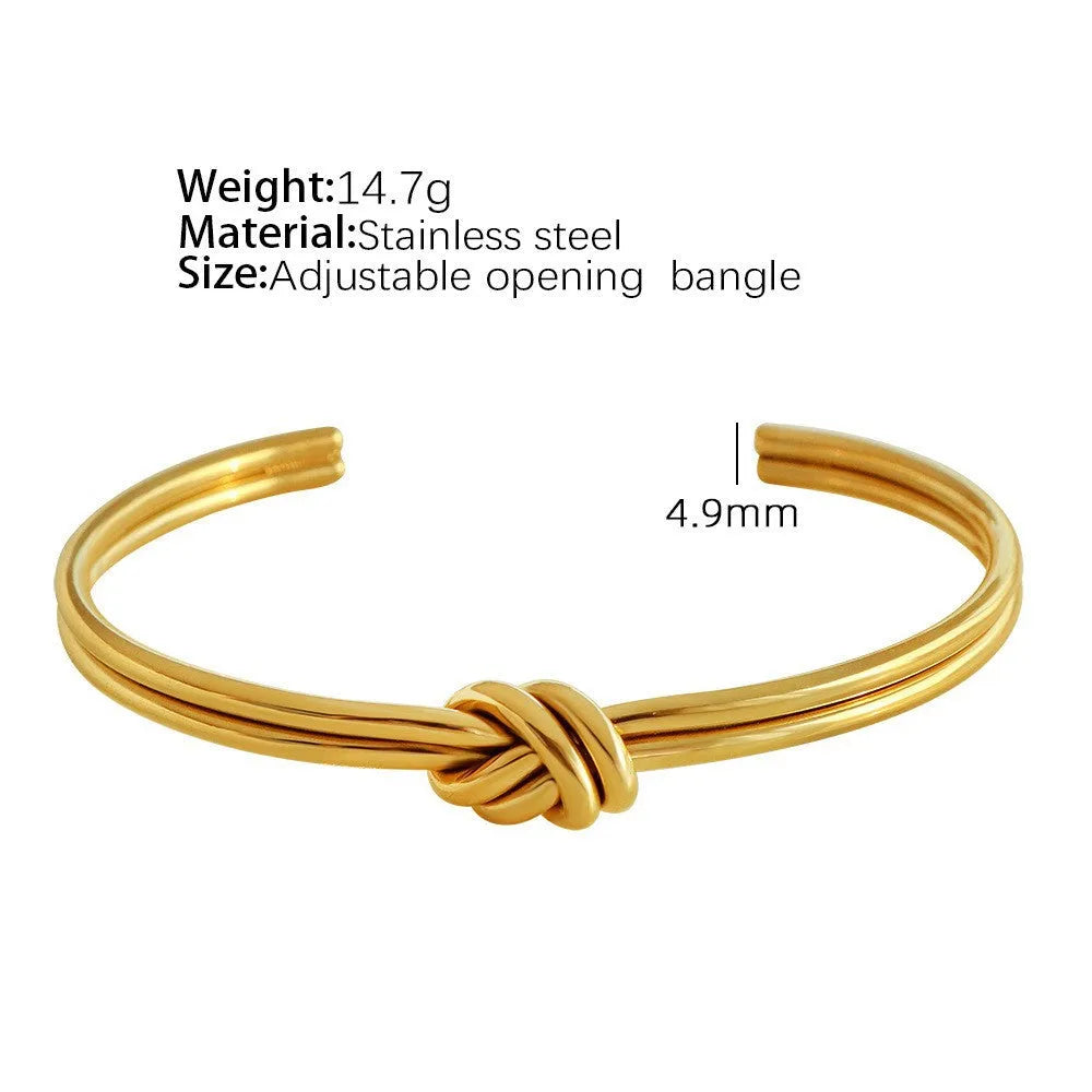 Women's adjustable knotted C-shaped open double-layer stainless steel bracelet with gold plating
