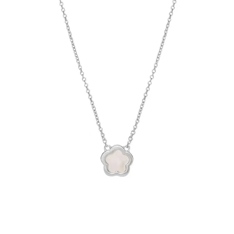 Women's flower necklace with white mother shell pendant on copper chain in gold and silver tones