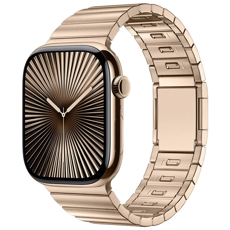 Stainless steel Apple Watch strap with magnetic buckle in silver colour showing business style design
