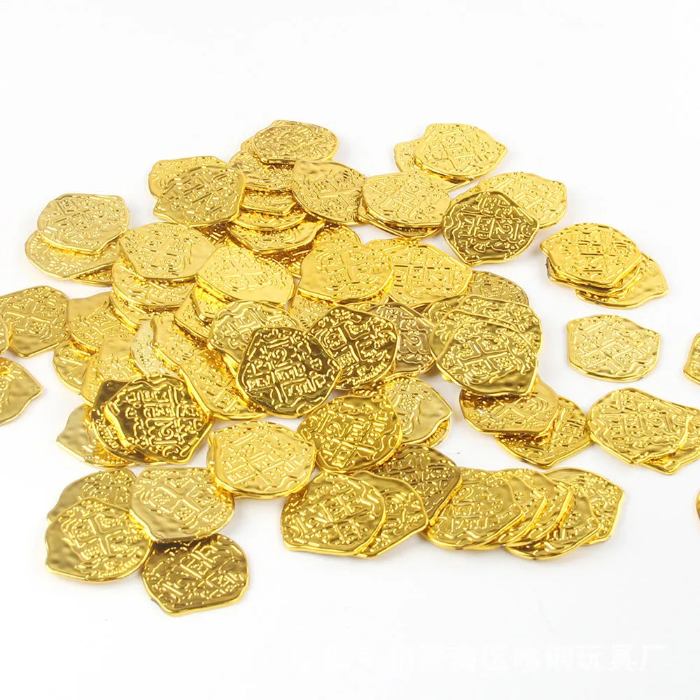 Set of 100 plastic replica Roman pirate coins with gold, silver, or bronze electroplated finishes.