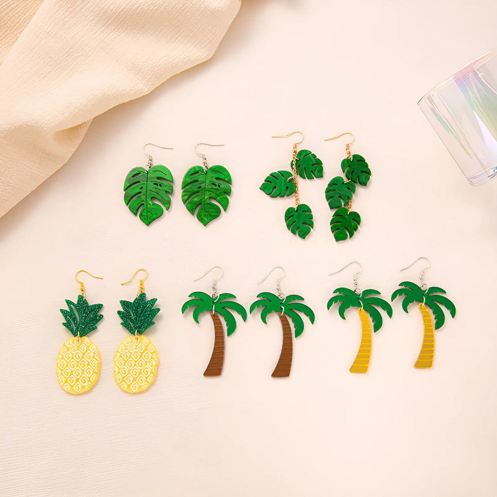 Acrylic drop earrings with a carved coconut and jackfruit design on a metal hook, shown in multiple colour variants.