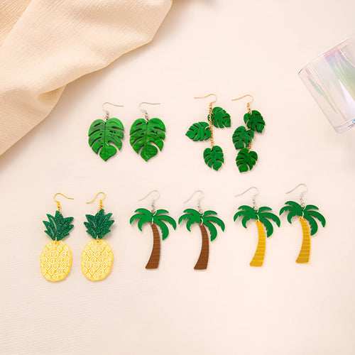 Acrylic drop earrings with a carved coconut and jackfruit design on a metal hook, shown in multiple colour variants.