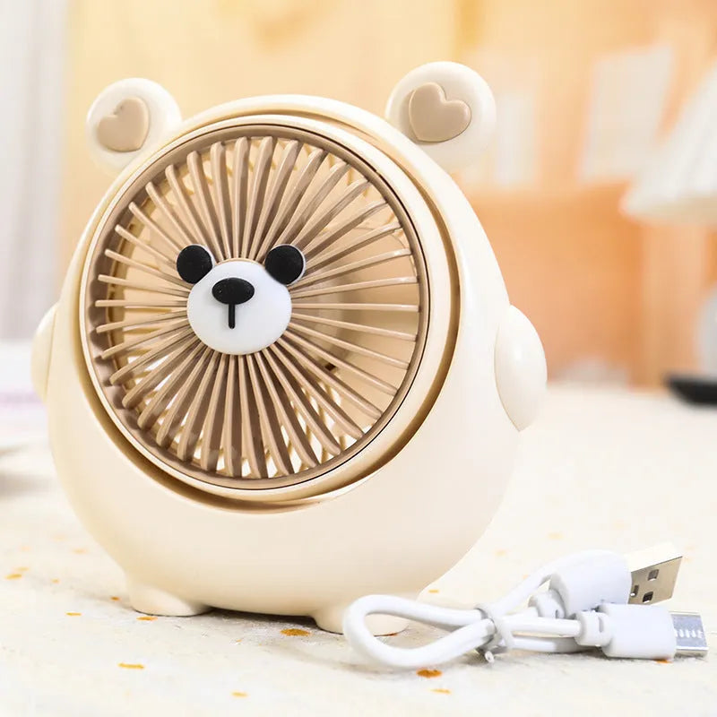Cute dog-themed USB desk fan for pets with three speed settings on a desktop